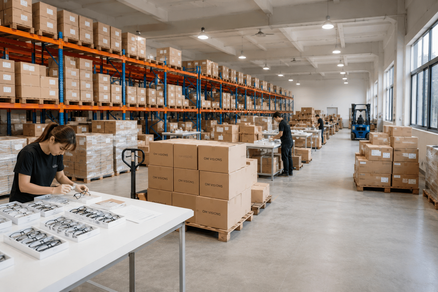 Premium European eyewear warehouse with clean modern style, organized racks of sunglasses cartons, and workers preparing wholesale orders in a bright professional logistics environment